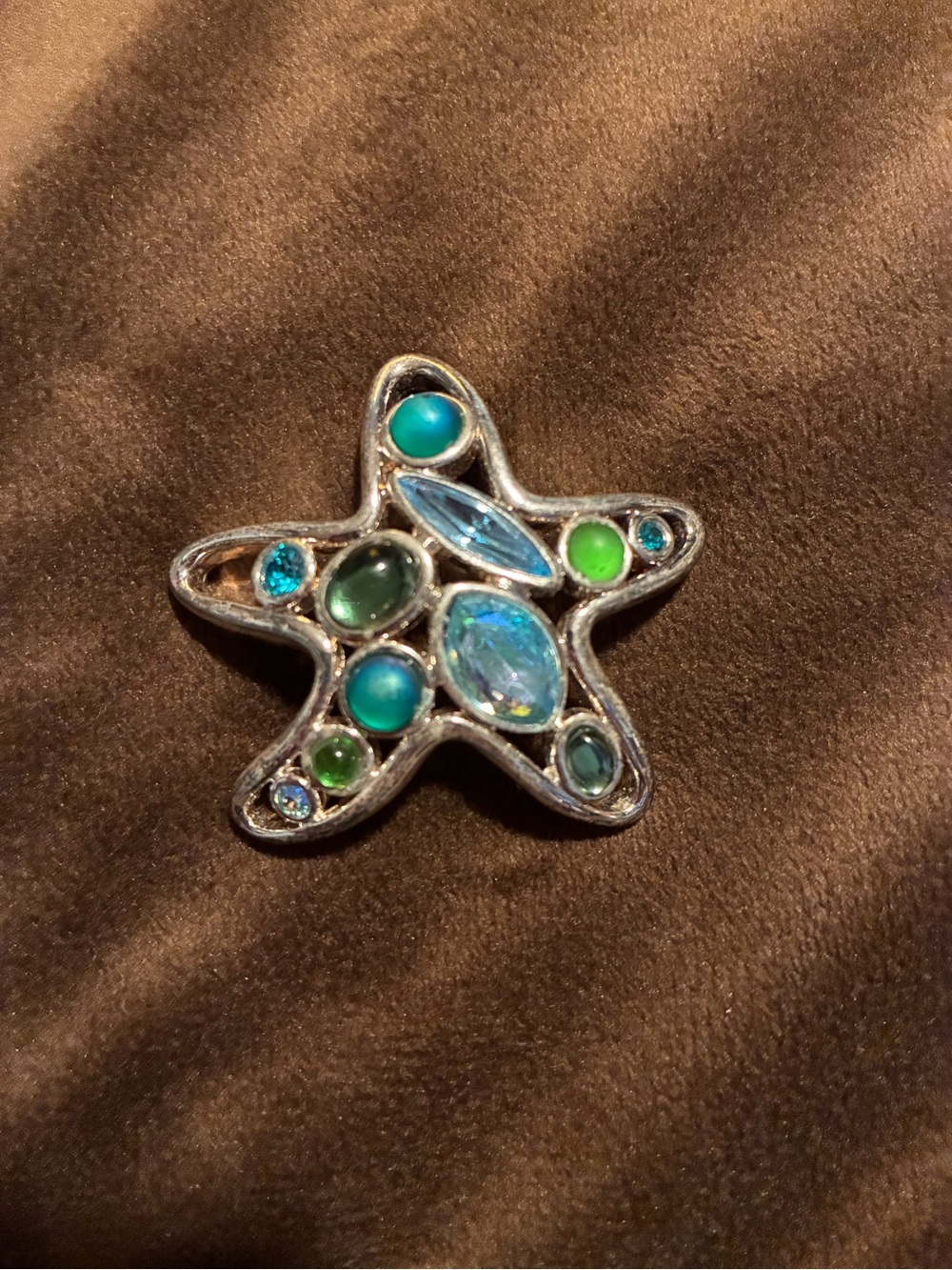 Vintage Monet Starfish Brooch with Blue and Green Stones, signed